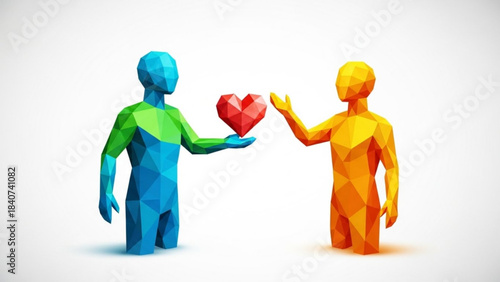 Two abstract geometric figures one blue and green giving a red heart to a yellow and orange figure on a white background isolated on white background