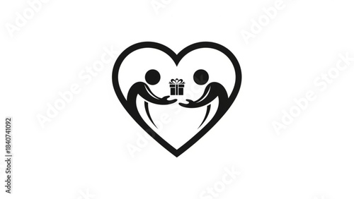 Two stylized human figures exchanging a gift box within a heart shape symbol representing love and generosity isolated on white background
