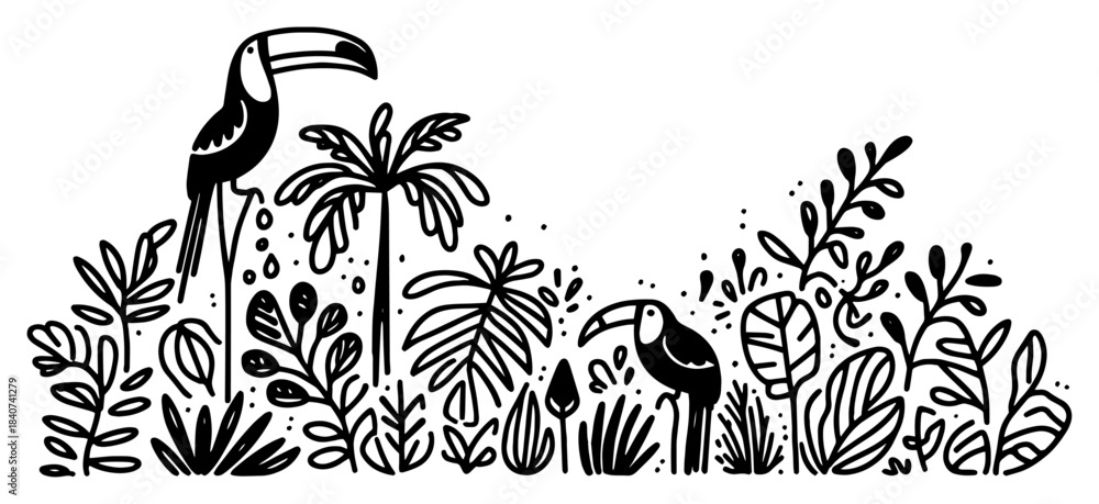 Obraz premium Tropical jungle border vector illustration. Toucan birds sitting on palm leaves and exotic plants. Summer nature sketch.