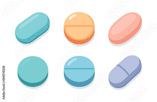 Set of tablets and pills, medication, health, flat vector illustration six designs