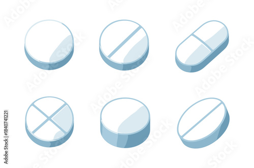 Set of tablets and pills, medication, health, flat vector illustration six designs