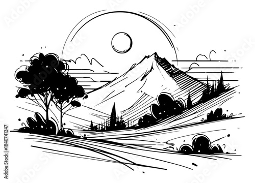 Mountain landscape vector illustration in vintage engraving style. Nature scenery with sun, hills and trees. Black and white ink sketch background.