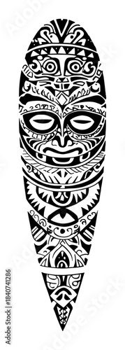 Tribal surfboard vector illustration. Polynesian or Maori tattoo ornament with Tiki mask face. Hawaiian ethnic totem sketch.