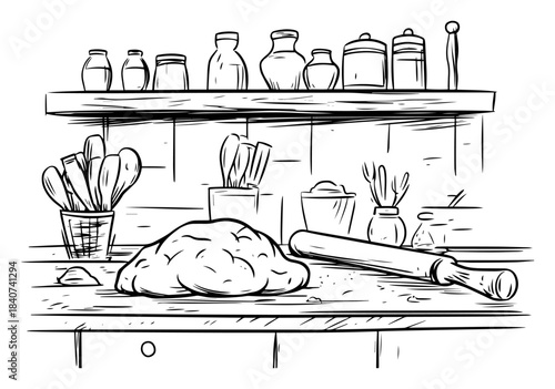 Baking dough on kitchen counter vector illustration. Cooking scene with rolling pin and jars on shelves. Homemade food preparation sketch.