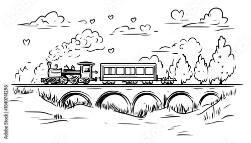 Steam train on bridge vector illustration. Locomotive crossing stone viaduct with hearts in the sky. Romantic railway travel sketch.