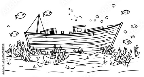 Sunken shipwreck underwater vector illustration. Old wooden boat on ocean bottom with fish and coral. Marine wreck sketch.