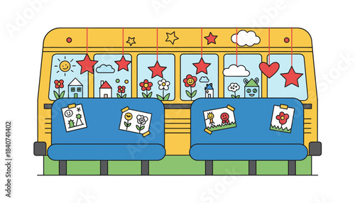 A bus interior filled with colorful decorations and drawings made by the students showcasing their artistic talents.