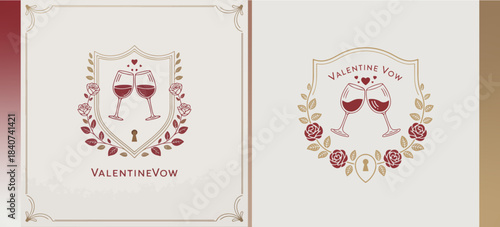 Valentine Vow crest logos with clinking wine glasses, roses, keyhole and laurels, elegant love badge set for invitations, events and boutique branding