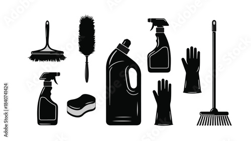 Black silhouette cleaning supplies and tools set including brooms, gloves, spray bottles, and a mop on white background for household chores and cleaning concepts