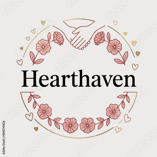 Hearthaven circular floral heart wreath logo with caring hands and tiny hearts, cozy home care emblem for wellness, family, charity and boutique branding