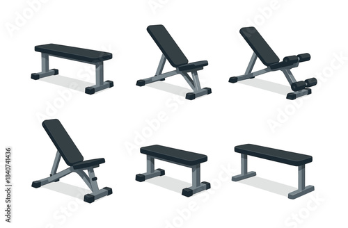 Gym benches set, flat vector illustration, workout equipment, fitness gear