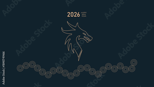 Minimalist Gold Dragon Head Illustration with Elegant Circle Pattern on Dark Blue Canvas for Lunar New Year Greeting, Holiday Branding, and Stylish Festival Background