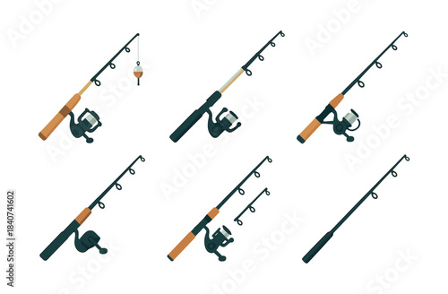 Fishing rods collection, reel, lure, and bobber, flat vector illustration