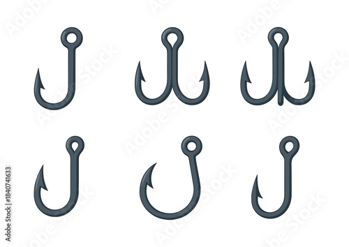 Fishing hook set, flat vector illustration, tackle, bait, angling gear