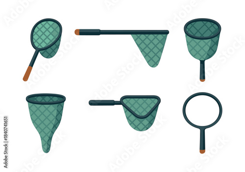Fishing net collection, aquatic equipment, flat vector illustration