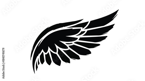 Black wing silhouette flying isolated on white background, symbolizing freedom, protection, and strength, with modern minimalist design