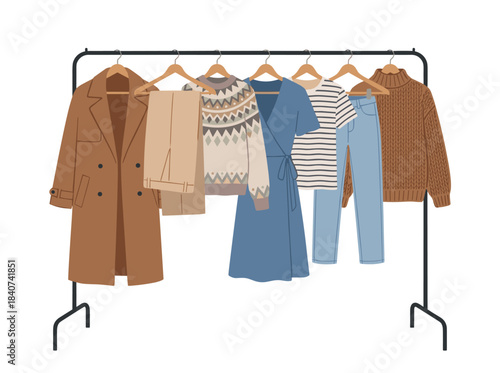 Women's garments displayed on a hanger rail, showcasing a casual feminine wardrobe on a rack, featuring modern apparel ready for sale, charity, or , rendered as a flat vector illustration on a