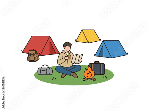 Illustration of a poor, homeless migrant refugee at an immigrant campsite, eating in a tent at a border asylum or campground, rendered as a flat vector on a white background