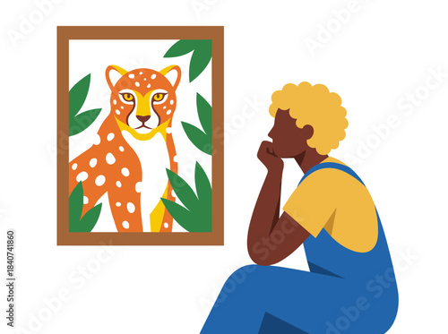 A cheerful female artist displays a modern-style painting featuring a cat, presented as a contemporary flat vector illustration against a white background