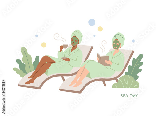 Illustration of two women wearing clay facial masks, enjoying a spa skincare session in bathrobes and headbands, rendered as a colored flat vector on a white background