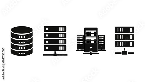 Sleek and solid black vector icons of data servers, storage systems, and database infrastructure for modern technology and network designs