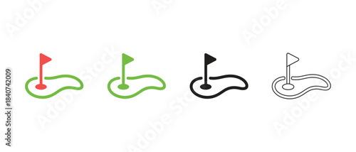 Golf hole icon set with flag on clean background