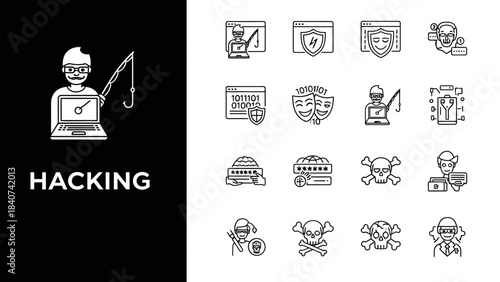 Essential vector line icons illustrating cybersecurity threats, digital protection, internet fraud, and data security concepts for modern web designs