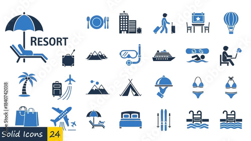 Collection of Resort and Travel Themed Solid Icons for Graphic Design Projects