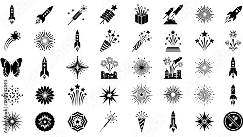 Sleek solid vector icon collection showcasing diverse rockets, stunning firework bursts, and festive celebration elements for modern graphic design and digital interfaces
