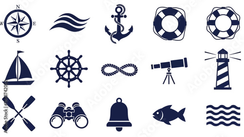 Nautical Symbols Set Compass, Anchor, Sailboat, Steering Wheel, Telescope, Lighthouse, and More - Vector Icons for Marine Design