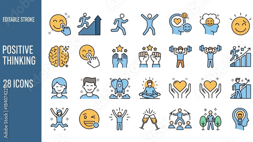 A vibrant collection of editable line icons illustrating mental wellness, personal growth, achievement, and emotional balance concepts for digital design and healthy lifestyle promotions