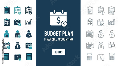 Versatile vector icon pack showcasing sleek solid and outline designs for budget planning, financial accounting, and comprehensive business analytics