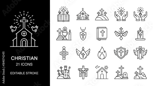 Modern Outline Christian Religious Symbols Vector Icon Set - Faith and Worship Line Art Collection with Editable Strokes for Digital Projects