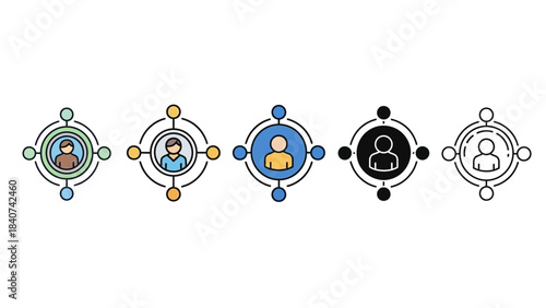 Modern vector icon set depicting user profiles and network connections, symbolizing community, social interaction, and digital communication in sleek, versatile styles for web and app interfaces
