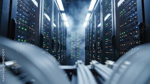 Smooth camera movement through a dark server room corridor with blinking LED lights. Concept of cloud computing, big data storage, cyber security, and global internet infrastructure.
