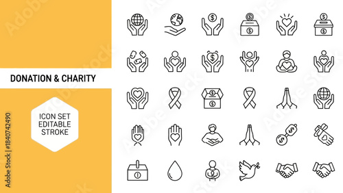 Sleek vector icons in solid style for donation, charity, and philanthropy, ideal for expressing concepts of giving, aid, and social responsibility in modern designs