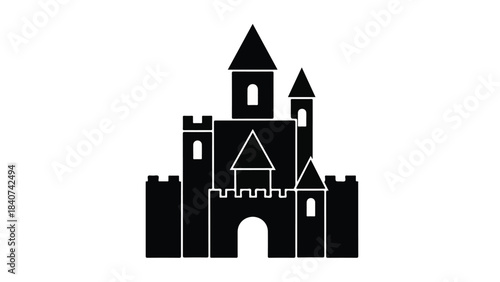 Black silhouette of medieval castle with towers and battlements on white background, fantasy architecture symbol