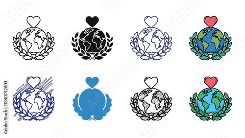 A diverse collection of global love and unity icons, showcasing Earth and heart motifs in sleek solid, outlined, and textured designs, perfect for symbolizing environmental care, 