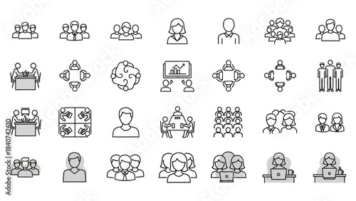 Collection of Flat Icons Representing Business Meetings, Teamwork, and Collaboration Scenarios