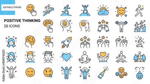 Positive Thinking and Mindset Icons Brainstorming, Success, and Happiness Concepts