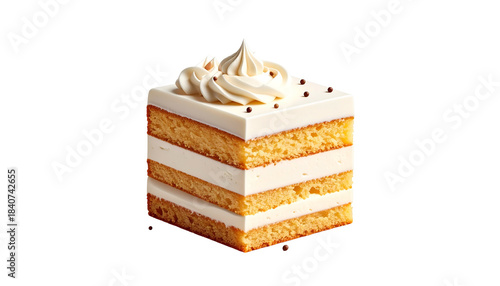 Square cake slice with layered vanilla sponge and cream frosting. Sprinkles atop