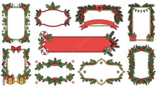 Elegant Vector Christmas Borders and Frames Collection Featuring Holly, Festive Berries, and Charming Winter Holiday Accents for Seasonal Designs