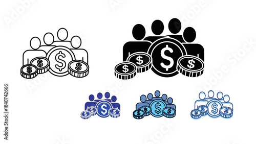 Modern Financial Collective Icon Set Representing Group Investment, Community Wealth, and Collaborative Economic Growth for Business Applications