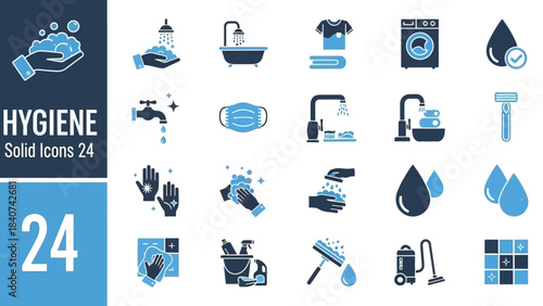 Hygiene and Cleaning Solid Icons Set - Vector Graphics and Illustrations