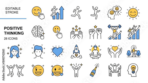 Sleek vector icons illustrating positive thinking, personal growth, success, and well-being concepts for modern design and motivational content