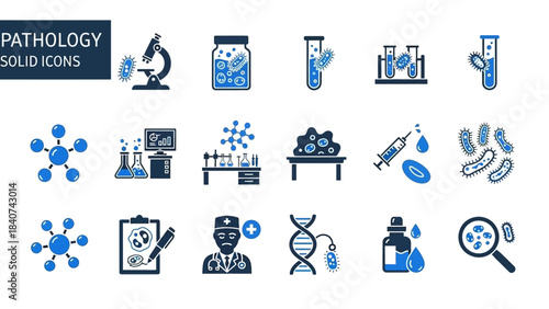 Sleek Solid Pathology Icons Set. Modern Vector Collection for Medical Science, Laboratory Research, and Healthcare. Essential Biology Symbols for Diagnostics and Analysis