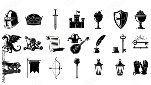 Sleek solid vector icon collection showcasing medieval history and fantasy elements, including armor, weaponry, castles, dragons, and cultural artifacts, perfect for design