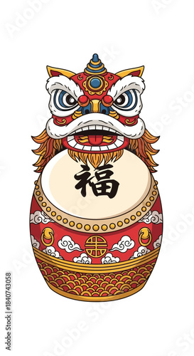 Decorative lion dance drum figurine with chinese character on white background.