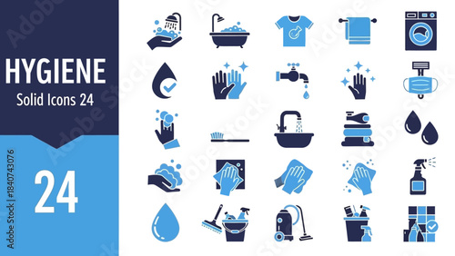 24 Sleek Solid Icons Representing Hygiene and Cleaning Essentials for Various Applications