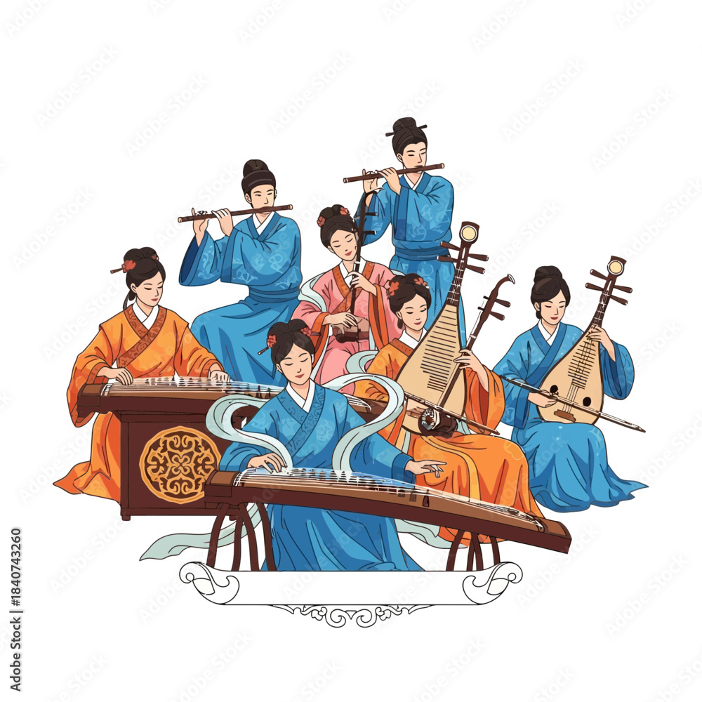 custom made wallpaper toronto digitalGroup of people playing traditional chinese musical instruments wearing blue and orange clothing.